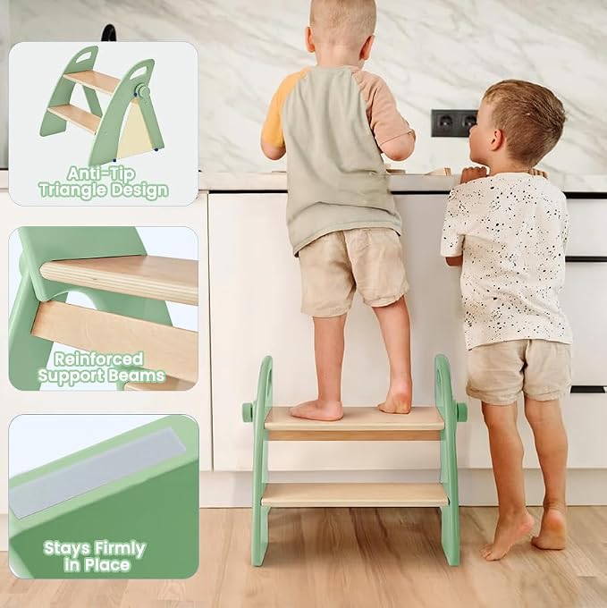 Wooden 2 Step Stool for Toddlers, Foldable 2-Step with Non-Slip Pads and Handles, Bamboo Step Stool for Kids Bathroom Sink and Potty Training, Kitchen Helper, Nursery Bedroom (Green)