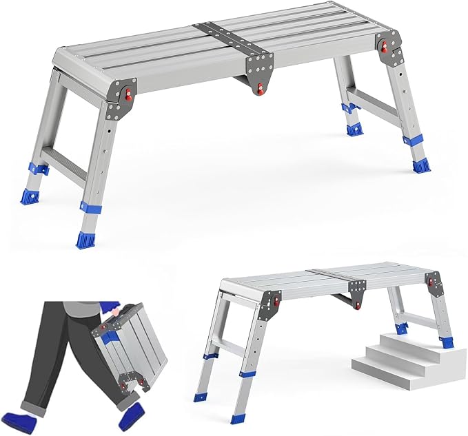 Loyoda Folding Work Platform for Adults, Aluminum Foldable Step Stool Adjustable Height, Lightweight and Durable Portable Outdoor Aluminum Step Ladder, Maximum Load Capacity of 500 Pounds.