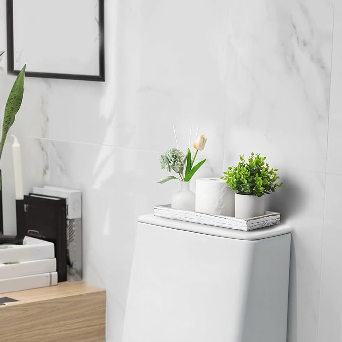 ALELION 13" White Bathroom Vanity Tray for Counter - Wood Decorative Tray for Toilet Tank Makeup Perfume Jewelry Catchall Table - Wooden Kitchen Countertop Organizer for Soap Dispenser