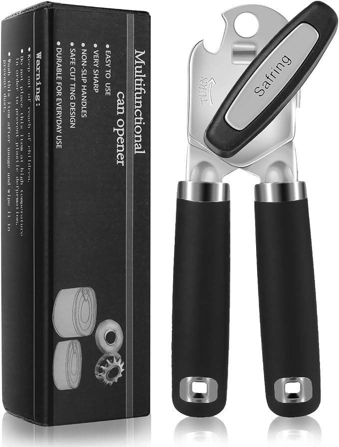 Safring Can Opener Manual, Heavy Duty Handheld Strong Can Opener with Soft Touch Handle, Sharp Blade Smooth Edge, Can Openers with Multifunctional Bottle Opener, Black