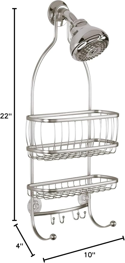 iDesign York Metal Wire Hanging Shower Caddy, Extra Wide Space for Shampoo, Conditioner, and Soap with Hooks for Razors, Towels, and More, 9.75" x 4" x 22", Satin Silver