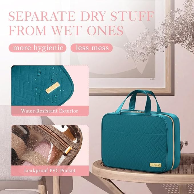 HOTOR Travel Toiletry Bag w/Hanging Hook - Spacious Toiletry Bag Essentials for Women & Men, Makeup Bag/Big Comparment, Waterproof for Travel Accessories, Medium, Teal