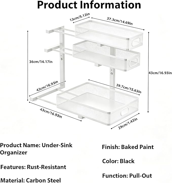 2 Pack Under Sink Organizer, 3-Tier Pull Out Kitchen Cabinet Organizer, Height Adjustable Metal Slide Out Bathroom Storage Makeup Drawer Rack for Bedroom Office Laundry Pantry Home Organization, White