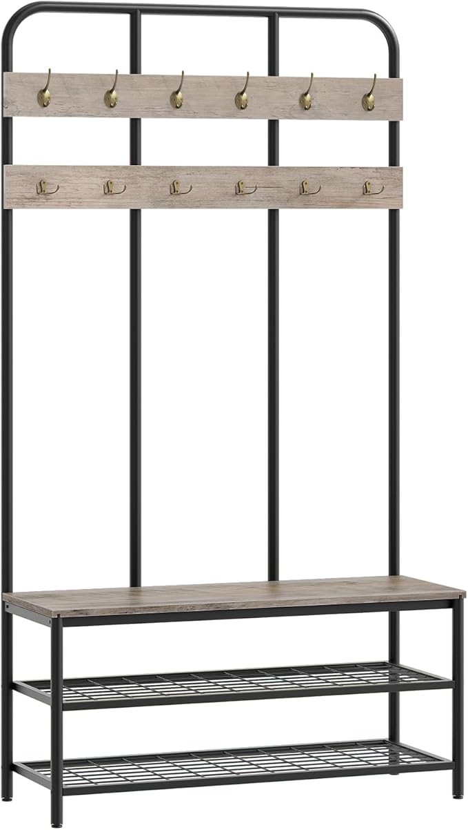 HOOBRO Hall Tree with Bench, Entryway Bench with Coat Rack, Mud Room Rack with 12 Double Hooks and Shoe Storage, Coat Tree, Shoe Organizer, for Foyer, Front Door, Greige and Black BG05MT01