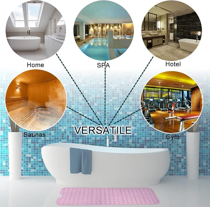Bathtub and Shower Mats, Extra Long Non-Slip Bath Tub Mat 39 x 16 Inch, Machine Washable Bathmat with Suction Cups & Drain Holes for Bathroom Floor, Pink