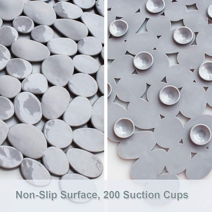 SONGZIMING Pebble Bath Mat 35x16 Inches for Bathtub to Non Slip in Shower with Drain Holes, Suction Cups (Grey)