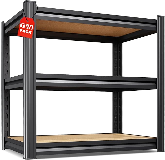 Set of 10 Garage Shelving,3 Tier Garage Storage Shelves,Adjustable Heavy Duty Metal Shelving Units and Storage Large Rack,Utility Steel Shelf For Shop Warehouse Industrial Pantry Basement 33"x35"x16"