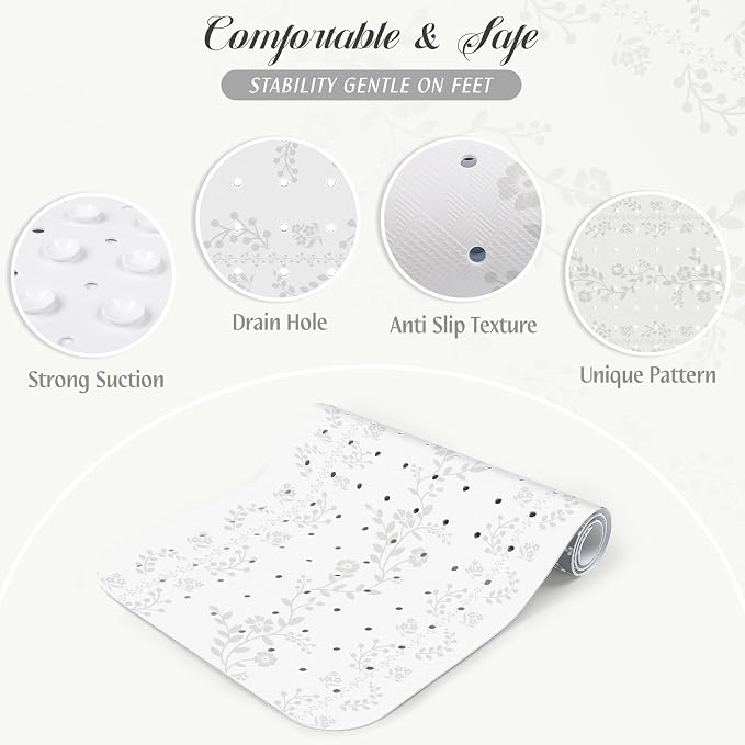 SHUCHING White Bath Mat for Tub Non Slip for Women-40 X 16 Inch, Flower Non Slip Bathtub Mat for Adults & Elderly Mold Free, Long Shower Mat for Inside Shower with Suction Cup, Machine Washable
