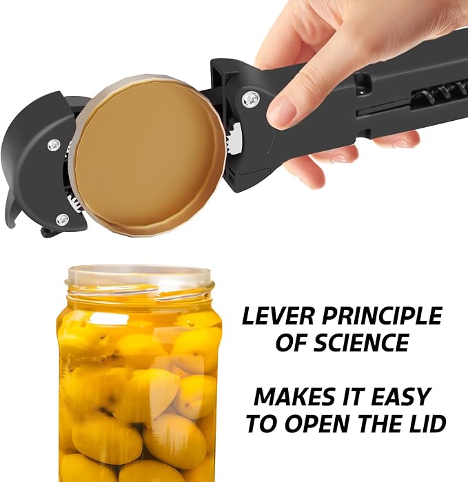 Jar Opener for Seniors with Arthritis, 7 in 1 Bottle Opener and Wine Corkscrew, Easy Grip Kitchen Gadget for Weak Hands Elderly, Retractable Jaw Lid Opener with Magnetic Storage (Black)