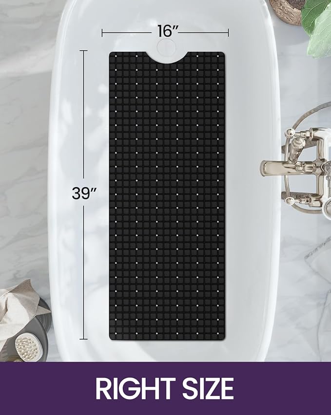 DEXI Bathtub Mat Non Slip, Extra Long 39x16, Suction Cups, Drain Holes, Machine Washable for Tub Shower Floor, Black
