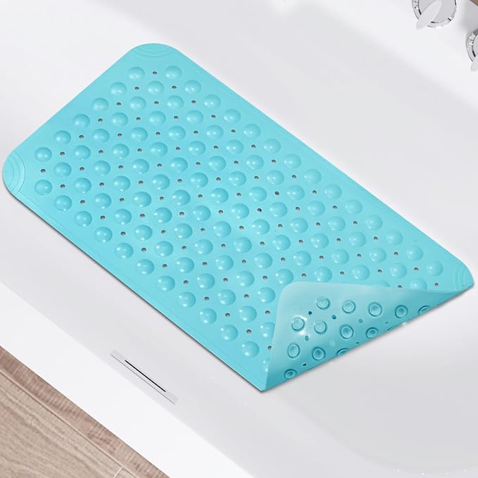 WarmSnow Non Slip Shower Mats for Inside Shower 15 x 27.5 Inch, TPE Bathtub Mat Non-Slip, Bath Mat for Tub with Suction Cups, Drain Holes Bath Tub Mat for Bathroom, Blue