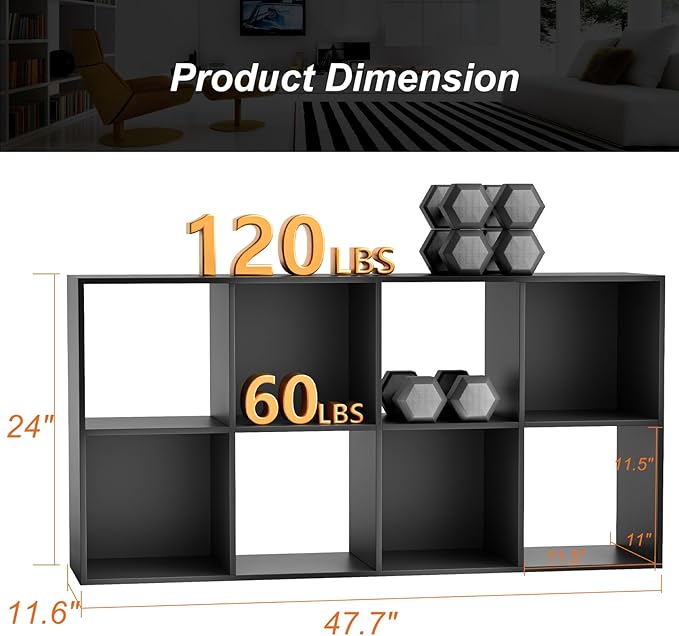 Sweetcrispy 8 Cube Storage Organizer - Open Cube Bookshelf with 4 Removable Back Panels, Display Storage Bookcase for Living Room, Bedroom, Entrance Hall, Home Office，47.7" Lx11.6 Wx24 H, Black