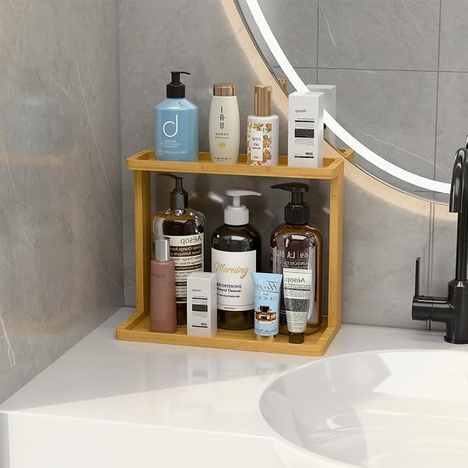 PEKER Bamboo Bathroom Organizer Countertop – Small Vanity Storage Shelf for Makeup, Perfume, Skincare – Natural Cosmetics Display Rack for Dresser, Sink, Kitchen – Natural
