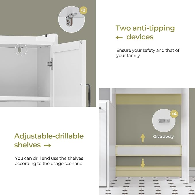 UPOSOJA Over The Toilet Storage Cabinet with Pulley Small Bathroom Storage Cabinet, Space Saver W/Adjustable Shelf & Open Shelf for Bathroom, Restroom, Laundry (White)