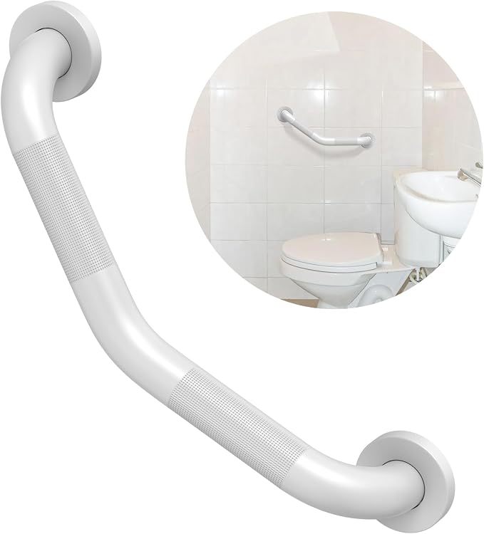 16 Inch Angled Grab Bar, ZUEXT Anti Slip Shower Grab Bar Handles, White Stainless Steel Knurled Bathroom Balance Bar, Safety Hand Rail Support for Handicap Elderly Injury Senior - 1.25" Diameter