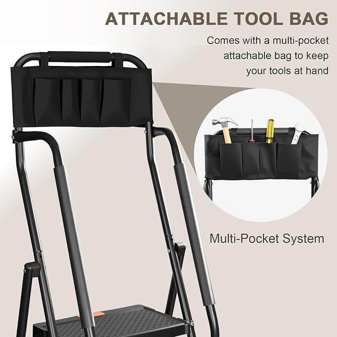 Valeo 4 Step Ladder with Handrails,500 Lbs Capacity,Folding Step Stool Ladder with Attachable Tool Bag,Lightweight & Storage Step Ladder 4 Step Folding,Multi-use for Home,Kitchen,Office,Black