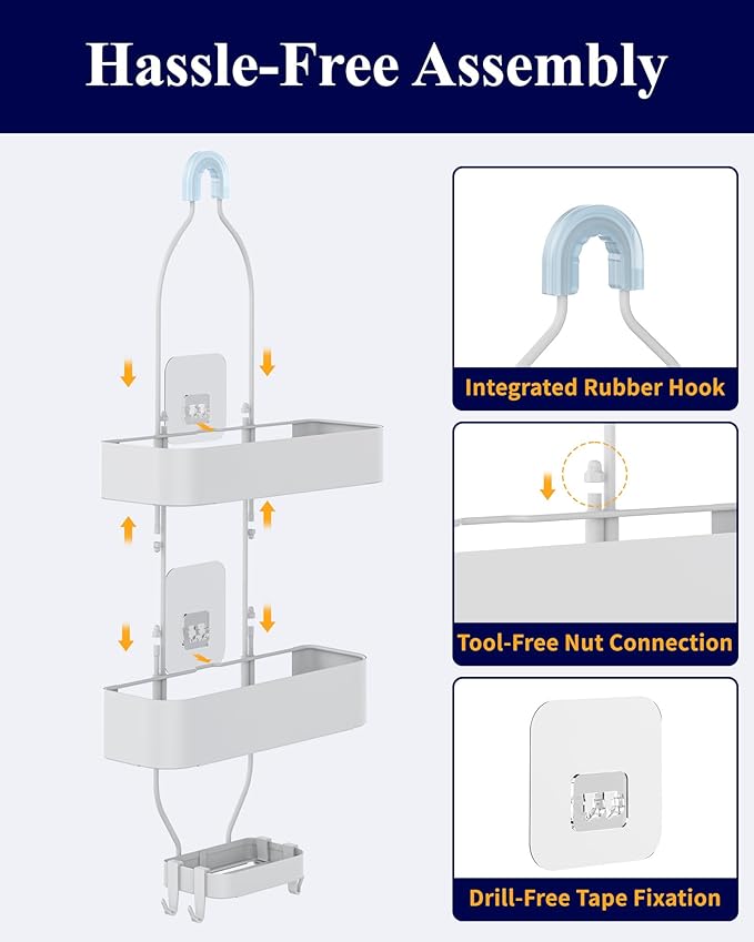 Kitsure Shower Caddy Hanging - No-Drill Bathroom Organizers and Storage, Wobble-Free Bathroom Shelves with Adhesive Tapes, Rust-Proof Shower Storage for Toiletries, White, 28.5" H