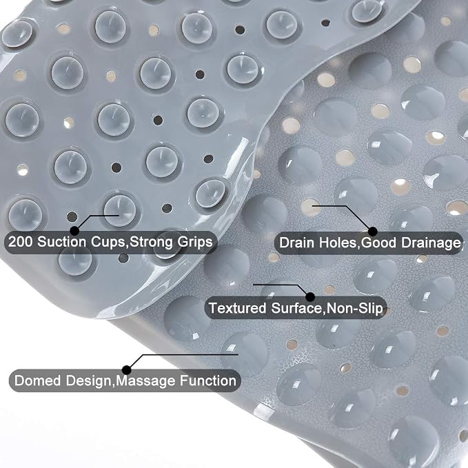 Bathtub Mats for Shower Tub Non-Slip Bath Mat 39 x 16 Inch Extra Long Shower Mat, Bath Tub Mat for Bathroom with Machine Washable, BPA Free for Kids (Gray)