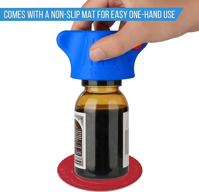 Remedic One-Hand Pill Bottle Opener – Magnifier & LED Light Aid | Non-slip mat secures bottles for one-hand opening. Magnifier and LED light help read medication labels.