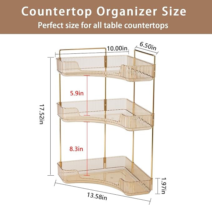 shuang qing 3-Tier Corner Bathroom Counter Organizer – Classic Storage Shelf for Makeup, Perfume & Toiletries, Space-Saving Countertop Tray Fits Bathroom, Dresser, Kitchen (Vintage Gold)