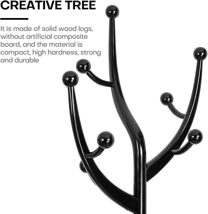 Bekrvio Coat Rack Freestanding Coat Tree with Sturdy Round Base, Unique Coat Hanger Stand, Heavy Duty Standing Coat Rack Clothes Stand for Winter Jacket, Hat, Entryway/Hallway/Bedroom, Black