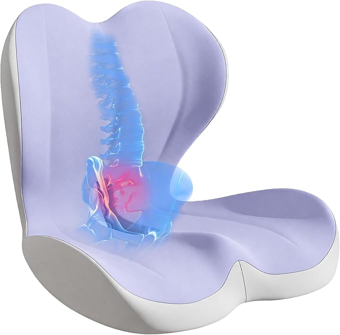 Seat Cushion for Office Chair and Car, Lumbar Support Pillow for Office Chair, Memory Foam Ergonomic Seat Cushion for Long Sitting, Back & Tailbone Pain, Sciatica - Purple & Gray