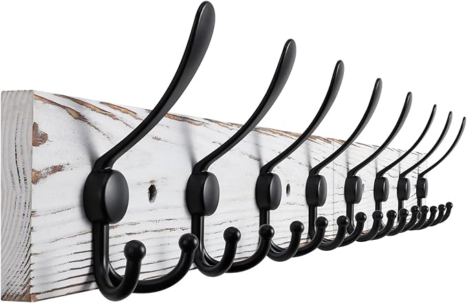 Kuhome 32.2'' Large Coat Rack Wall Mount Coat Hooks with 8 Metal Black Triple-Hooks Old White Pine Real Wood Plank Hat Rack for Wall Hooks