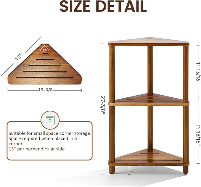 IBosins Corner Shower Shelf 3-Tier Shower Caddy Standing Bathroom for Inside Shower Stool Storage for Kitchen Livingroom Bedroom - Acacia Wood
