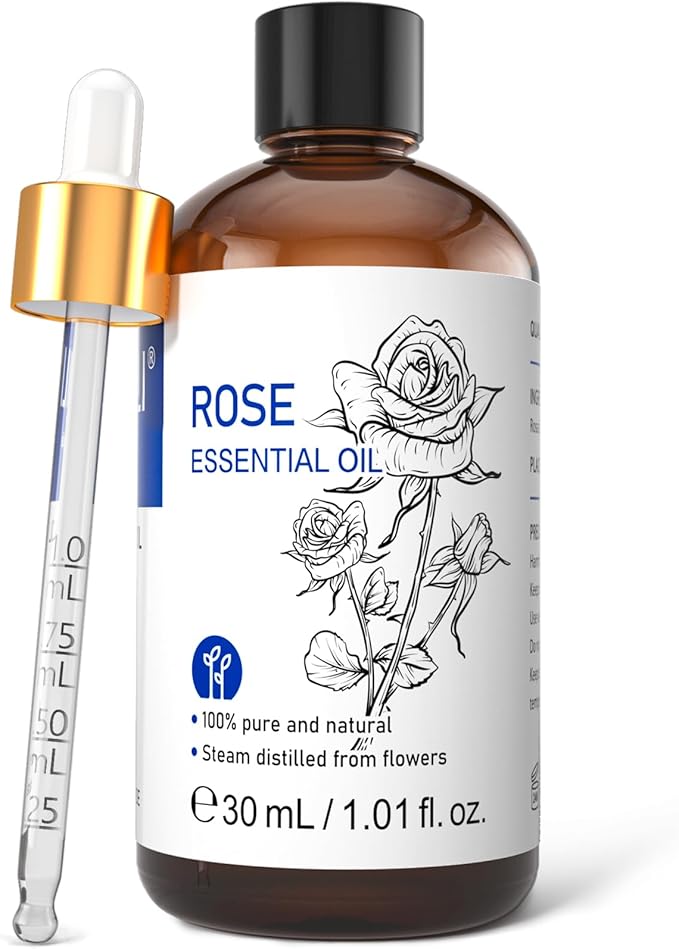 HIQILI Rose Essential Oil 1 Fl Oz, 100% Natural Therapeutic Grade for Aromatherapy, Diffuser, Skin Care, Massage, Includes Premium Quality Glass Dropper