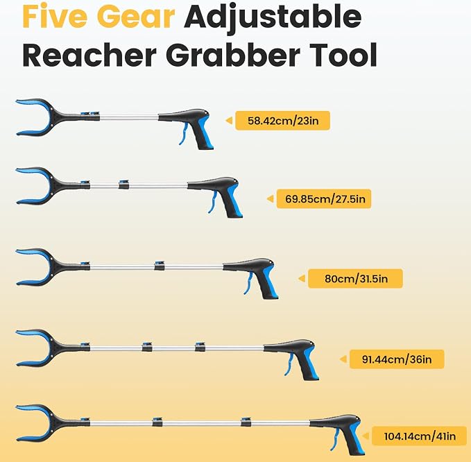 Telescopic Grabber Reacher Tool, 5-Level Adjustable (23'' to 41'') - Extendable Gripper and Reaching Tool - Heavy Duty Pick Up Stick Grabbers for Elderly, Surgery Recovery Must Haves (Blue-2pc)