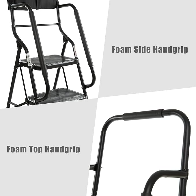 Wiberwi 3 Step Ladder with Handrails 500 lb Capacity Step Stool Folding Portable Ladders for Home Kitchen Steel Frame with Non-Slip Wide Pedal Stepladder with Attachable Tool Bag Black