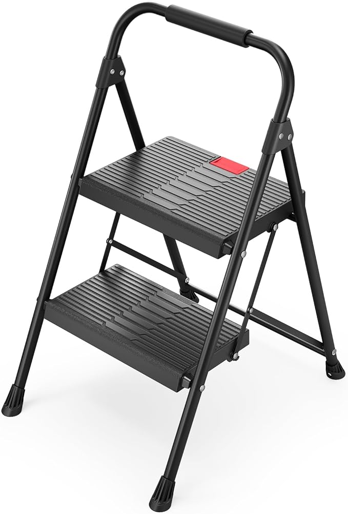 TOOLF 2 Step Ladder, Folding Step Stool with Anti-Slip Wide Pedals & Handrail, Safe-Lock Design, Portable Sturdy Steel Ladder Stool for Home & – Black