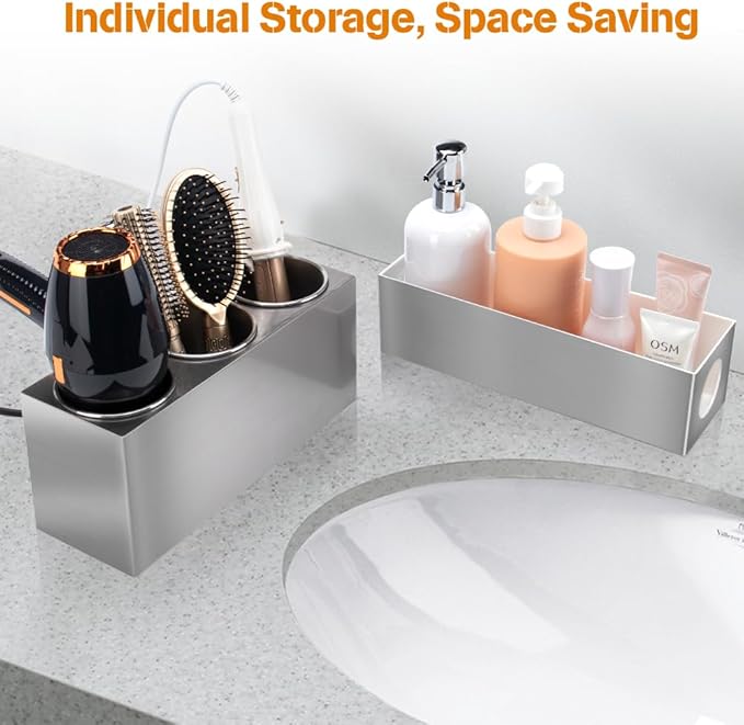 GFWARE Hair Tool Organizer - Bathroom Vanity Organizers and Storage, Hair Styling Accessories Hot Tools Organizer Hair Dryer, Blow Dryer, Curling Iron, Flat Iron, Hair Straightener, Silver