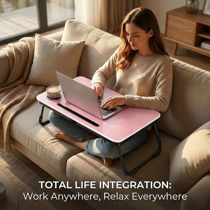 BUYIFY Foldable Laptop Bed Desk for Couch, Sofa - Large Lap Desk Tray Table with Cup Holder and Tablet Slot - Portable Notebook Stand for Eating, Writing, Studying and WFH (Pink)-USA Original Patent
