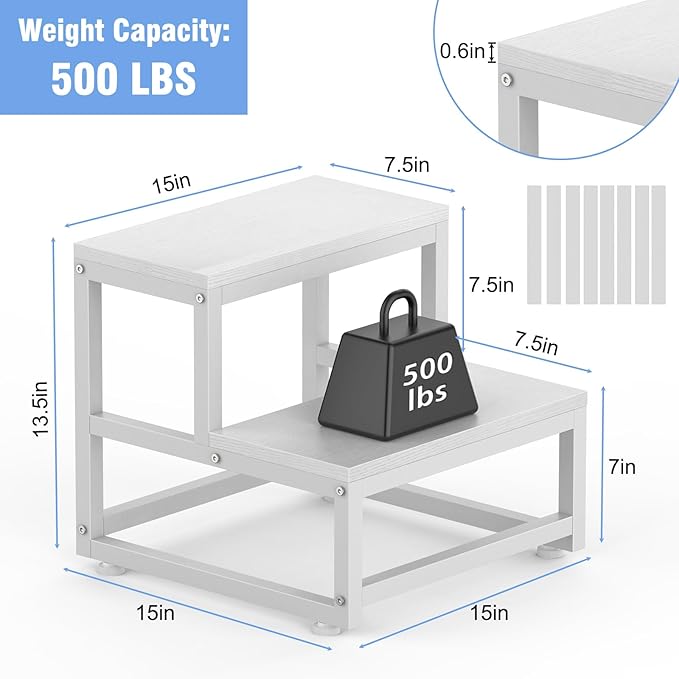 LIANTRAL 2 Step Stool for Adults Kids, Heavy Duty Sturdy Steel Frame with Wooden Steps, Bedside Foot Stool with 500lbs Load Capacity, Non-Slip Step Stool for High Bed, Kitchen, RV Step - White