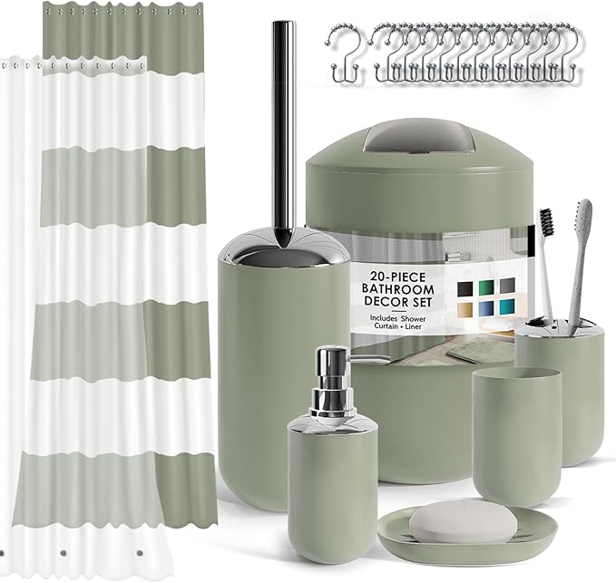 Clara Clark Bathroom Set - Sage Green Bathroom Accessories Set, 20PC Bathroom Accessory Set, Shower Curtain Set with Liner, Toothbrush Holder, Soap Dispenser, Soap Dish, and Toilet Brush Holder