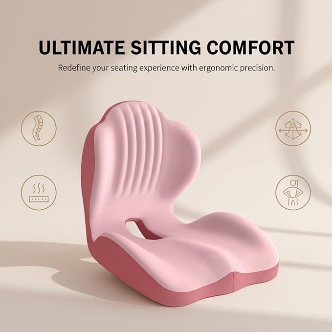 SakerPlus Ergonomic Seat Cushion Ergonomic Memory Foam Seat Cushion, L-Shaped Office Chair Cushion & Car Seat Cushion for Long Sitting, Lower Back Support Pillow for Office, Home, Driving (Pink)