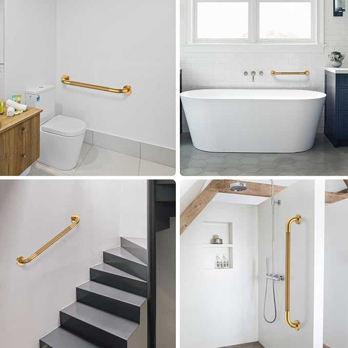 3 Pack Anti Slip Commercial Grab Bar Bundle for Shower, Munzong 16" 24" 32" Gold Bathroom Grab Bar, 1.25" Diameter Handicap Balance Bar,Safety Hand Rail Fort Elderly Injury Senior Assist Bath Handle