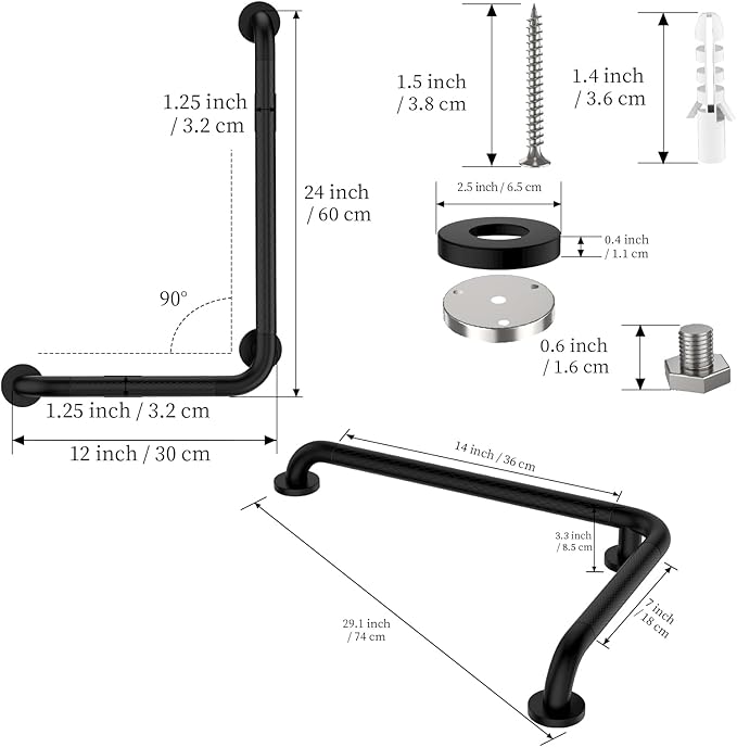 Matte Black Angled Grab Bar 16x24 Inch, iHansee Bathroom Safety Bar w/Anti-Slip Knurled Grip, Wall Mount L Shaped Shower Handle for Elderly Senior Handicap, Toilet Bathtub Balance Support Handrail