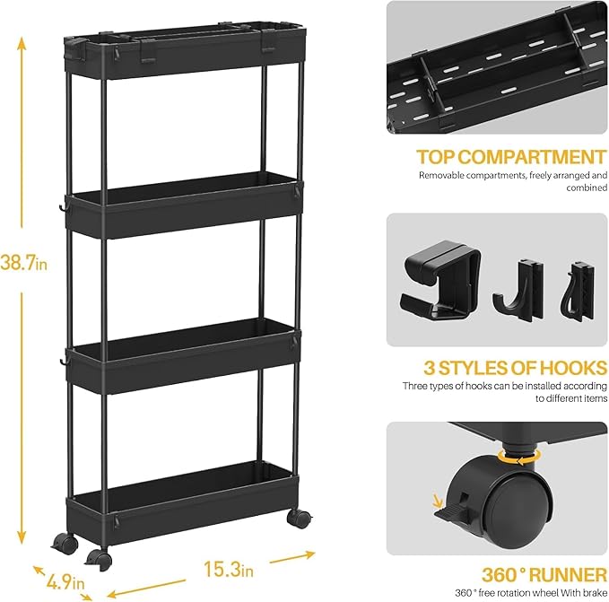 SPACELEAD 2-piece Set Slim Storage Cart 3 Tier,Bathroom Organizer Rolling Utility,Mobile Shelving Unit Slide Out for Office, Kitchen, Laundry Room & Narrow Places