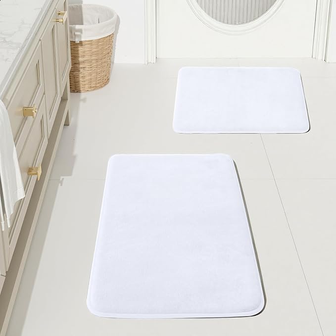 HUXMEYSON Bathroom Rugs Sets 2 Piece, Non-Slip & Quick Dry Bath Mat Set, Ultra Soft Velvet Bath Rugs for Bathroom, Toilet and Shower Floor, White