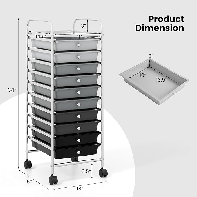 10-Drawer Rolling Storage Cart, Trolley w/Lockable 360° Wheels, 10 Removable PP Drawers, Sturdy Metal Frame, Rolling Utility Cart Perfect for Home, Office, Classroom (Mixed Black)