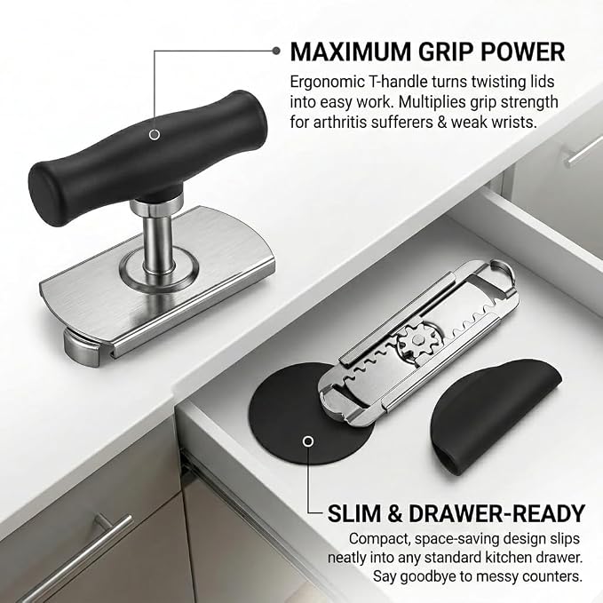 Adjustable Jar Opener for Weak Hands and Seniors, Multi-Functional Lid Opener Set with Non-Slip Silicone Pad, Easy Grip Bottle Opener for Arthritis, Stuck Jars & Bottles (Black, 2Pcs Set)