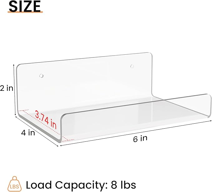 upsimples 6 Pack 6x4 Inches Acrylic Small Shelves, Floating Shelves for Wall, Display Shelf Organizer for Plants, Speaker, Radio, Toys, Clear