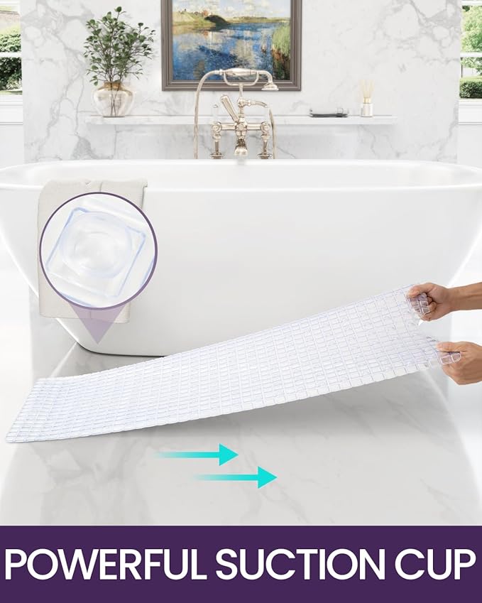 DEXI Bathtub Mat Non Slip, Extra Long 39x16, Suction Cups, Drain Holes, Machine Washable for Tub Shower Floor, Clear