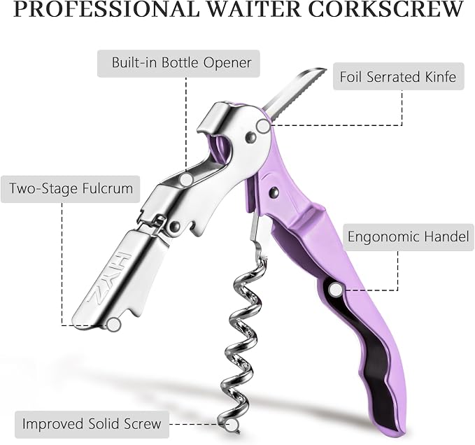 HYZ 2-Pack Wine Opener Waiter Corkscrew, Professional Wine Key for Servers, Bartender with Foil Cutter, Manual Wine Bottle Opener Double Hinged (Lilac)
