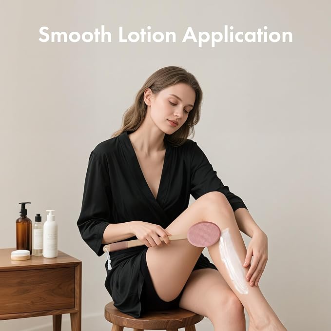 AmazerBath Lotion Applicator for Back, Feet, 4 Replacement Pads with 17" Curved Handle, Back Sunscreen Applicator for Kids, Elderly, Women, Apply Skin Cream Medicine Moisturizer Tanner, Coffee Pink