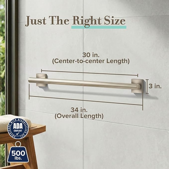 Gatco 956A Elevate 30 Inch Grab Bar, Satin Nickel | ADA Bathroom Safety Grab Handle for Shower, Bathtub & Toilet Support