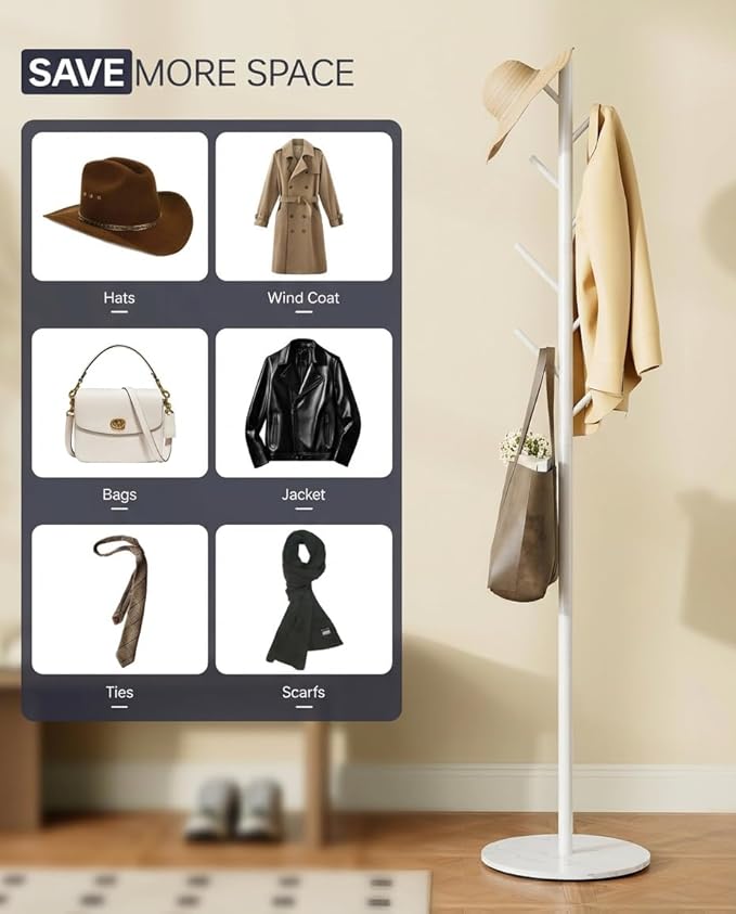 Coat Rack with 8 Hooks, 3 Adjustable Heights, Modern Hall Tree, Sturdy Metal Clothes Stand with Sintered Stone Base for Entryway, Office, Bedroom, for Coats, Hats, Handbags and Scarves, White