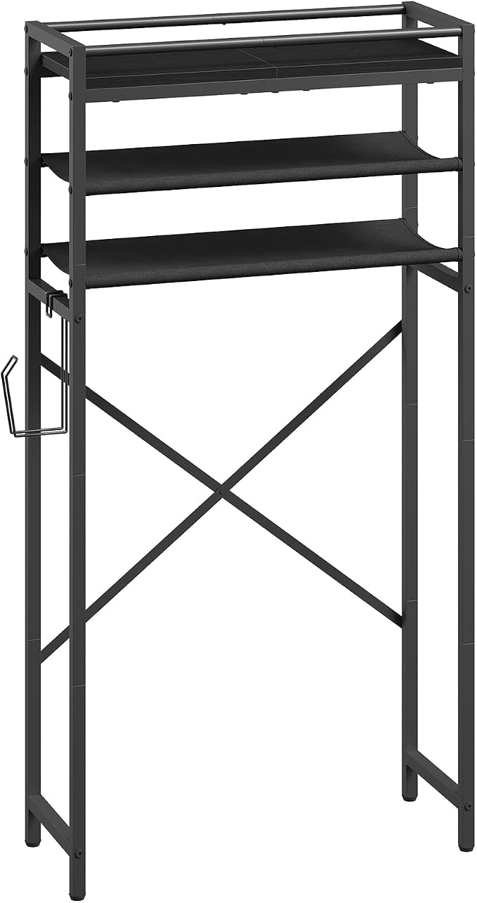MAHANCRIS Over Toilet Storage, 3-Tier Bathroom Organizer Shelf with Toilet Paper Holder, Freestanding Space Saver Bathroom Shelves Above Toilet for Bathroom, Laundry Room, Black TSBK1201